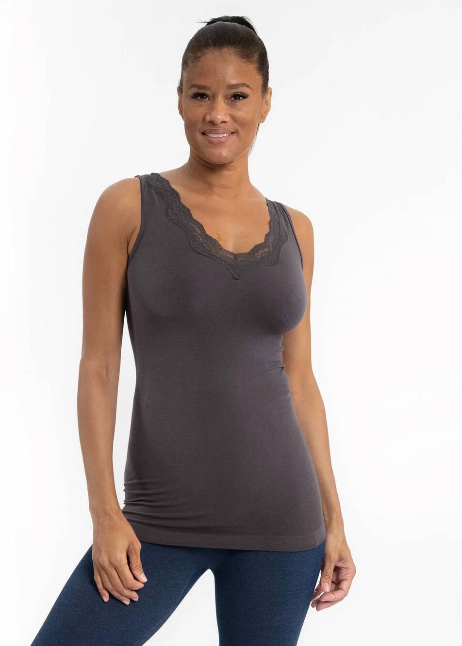 NEW ELIETIAN lace trim v-neck tank in charcoal